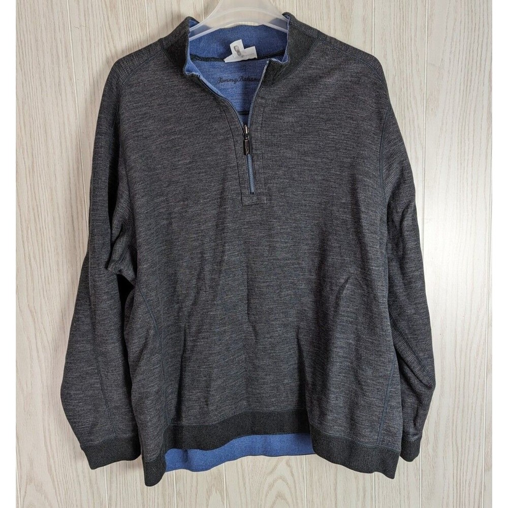 Tommy Bahama Sweater Mens 2XL Blue Gray Reversible Cotton 1/4 Zip Pullover XXL